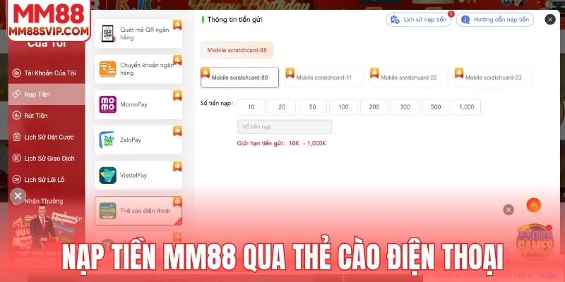 Cách thức nạp tiền MM88 qua thẻ cào điện thoại